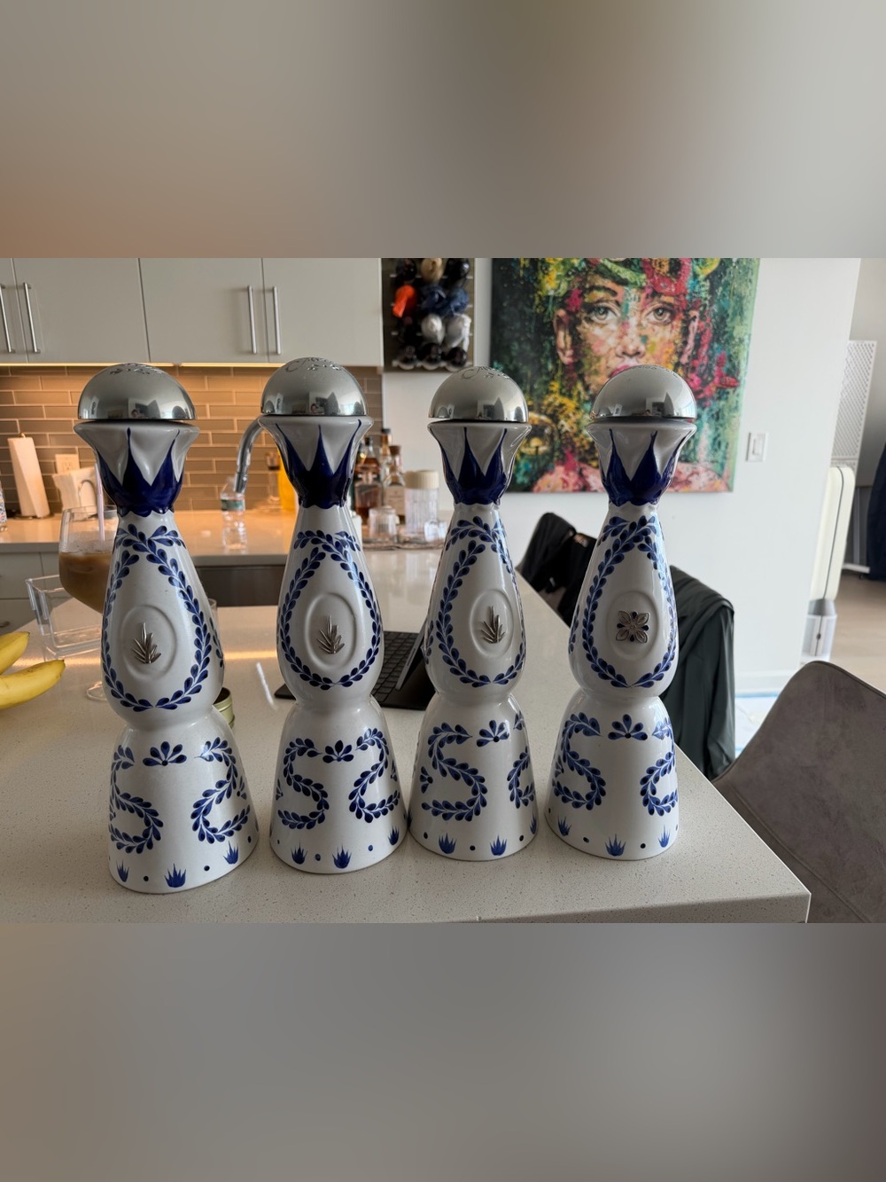 White and Blue Decorative Ceramic Bottle Decanters - Set of 4
